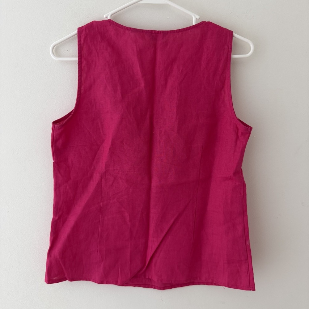 Y2K Fuchsia Linen Blend Rosette Applique Tank Top Petite Small Artsy Boho - Picture 2 of 6
